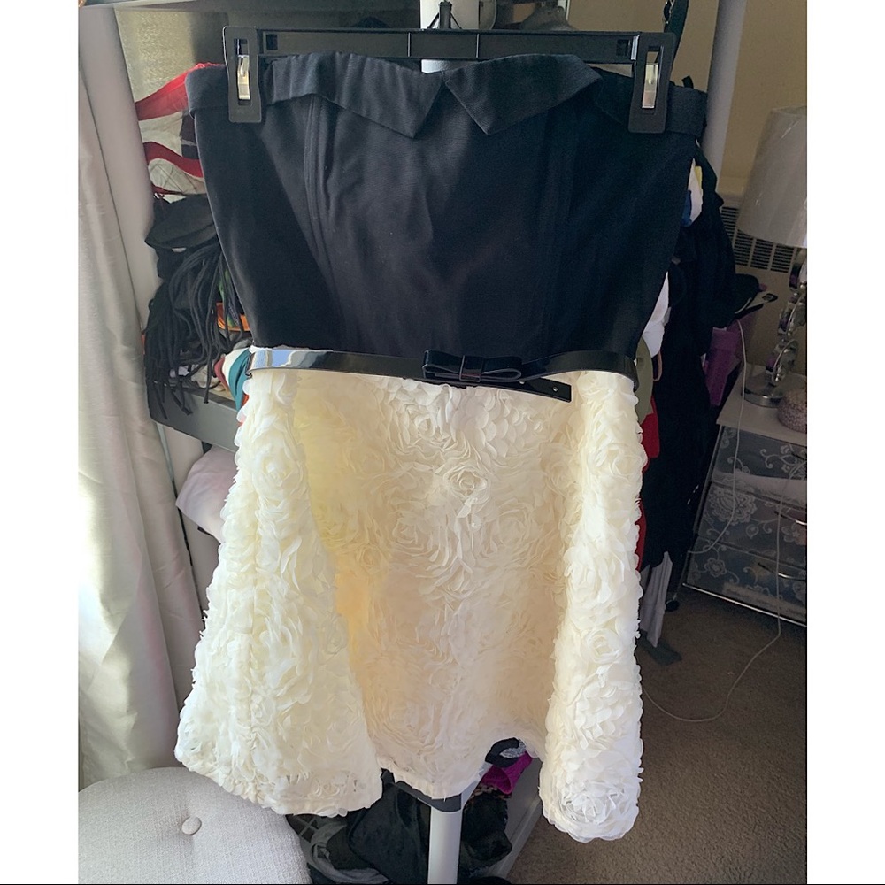 Black and white floral strapless dress